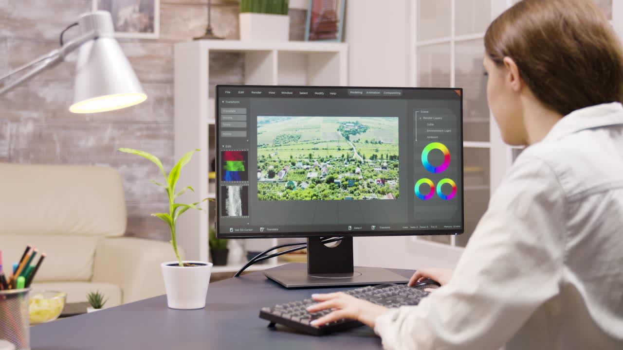 Woman working on 3D rendering and modeling on a computer