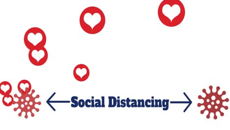 Multiple-heart-icons-moving-against-Covid-19-cells-maintaining-social-distancing