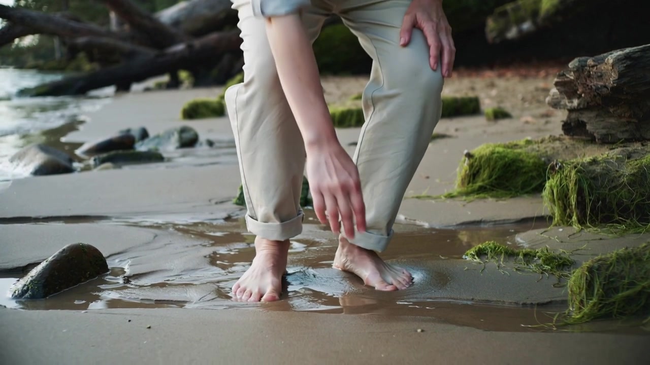 Stepping into shallow rivulet, man in rolled trousers reaching down to steady himself on wet sand