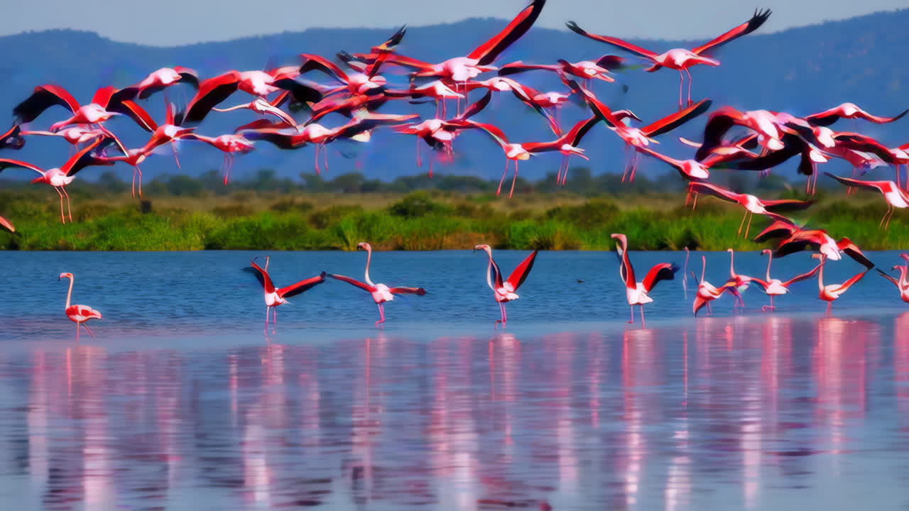 Flock of Pink Flamingos taking flight over a lake