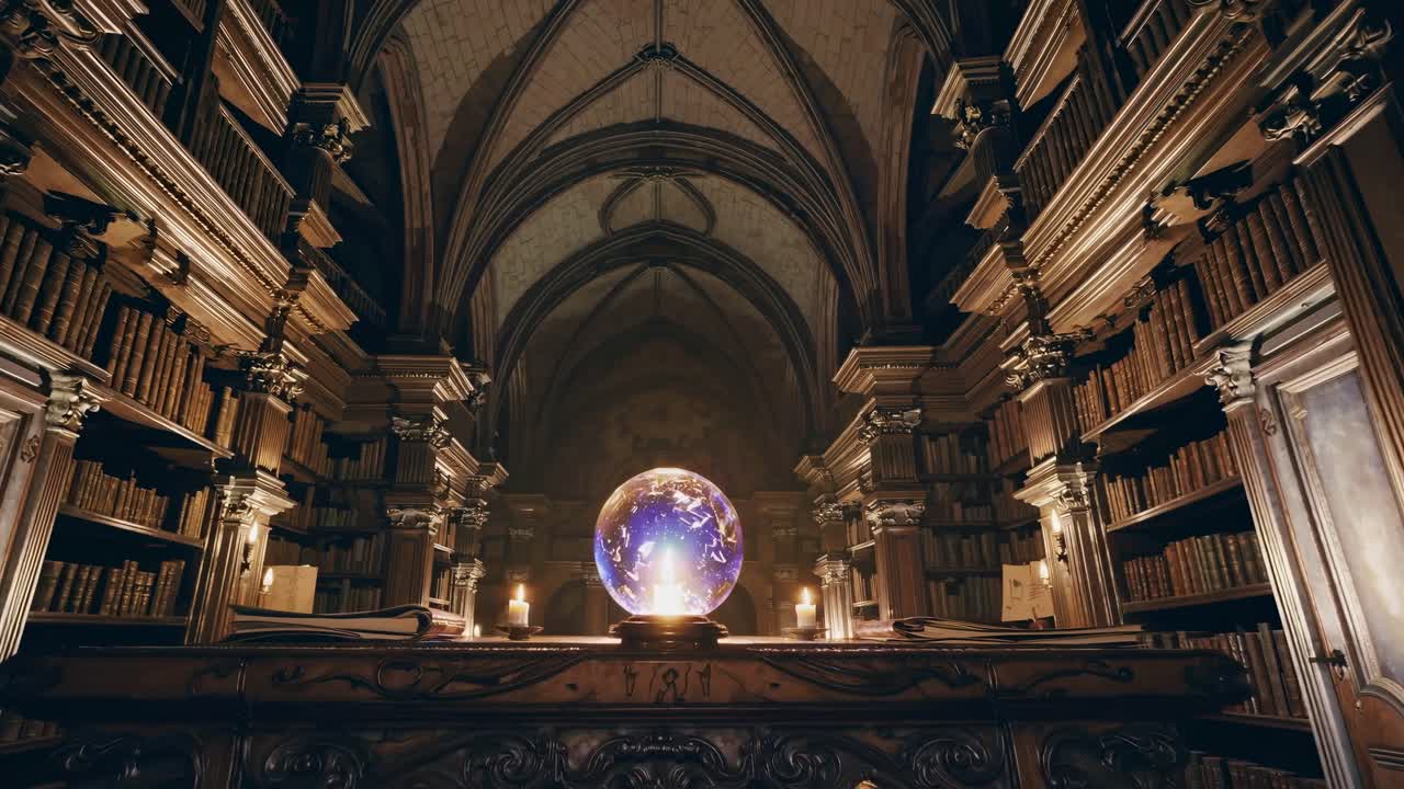 A mystical library with towering shelves and a glowing orb on a table