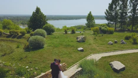 Das-Frisch-Vermählte-Paar-Trifft-Sich-Auf-Einer-Steinbrücke-Im-Park-Von-Oben