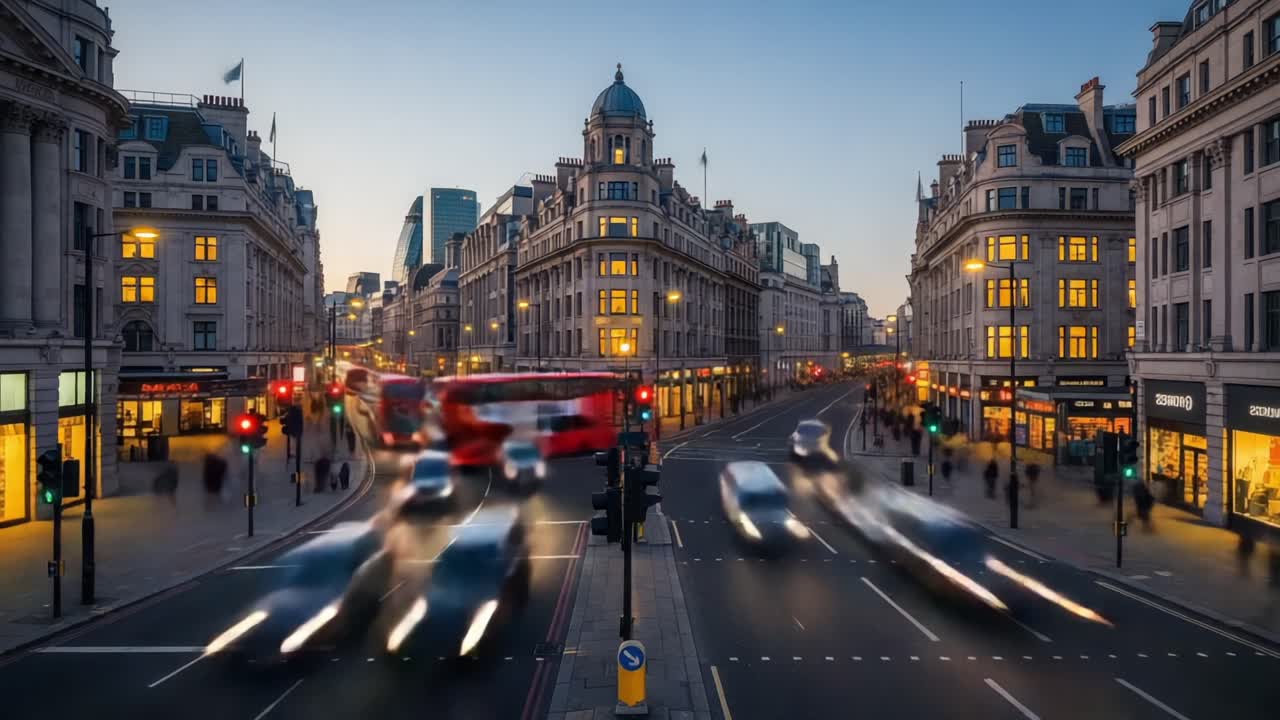 Aerial View of a Bustling City Intersection Transitioning from Daylight to Night, Showcasing Busy Traffic, Pedestrians, and Iconic Architecture