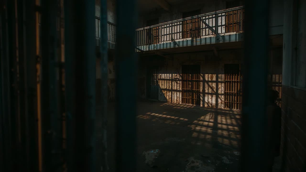 Shifting sunlight casting grid shadows across empty cellblock, rusted bars and catwalk marking time