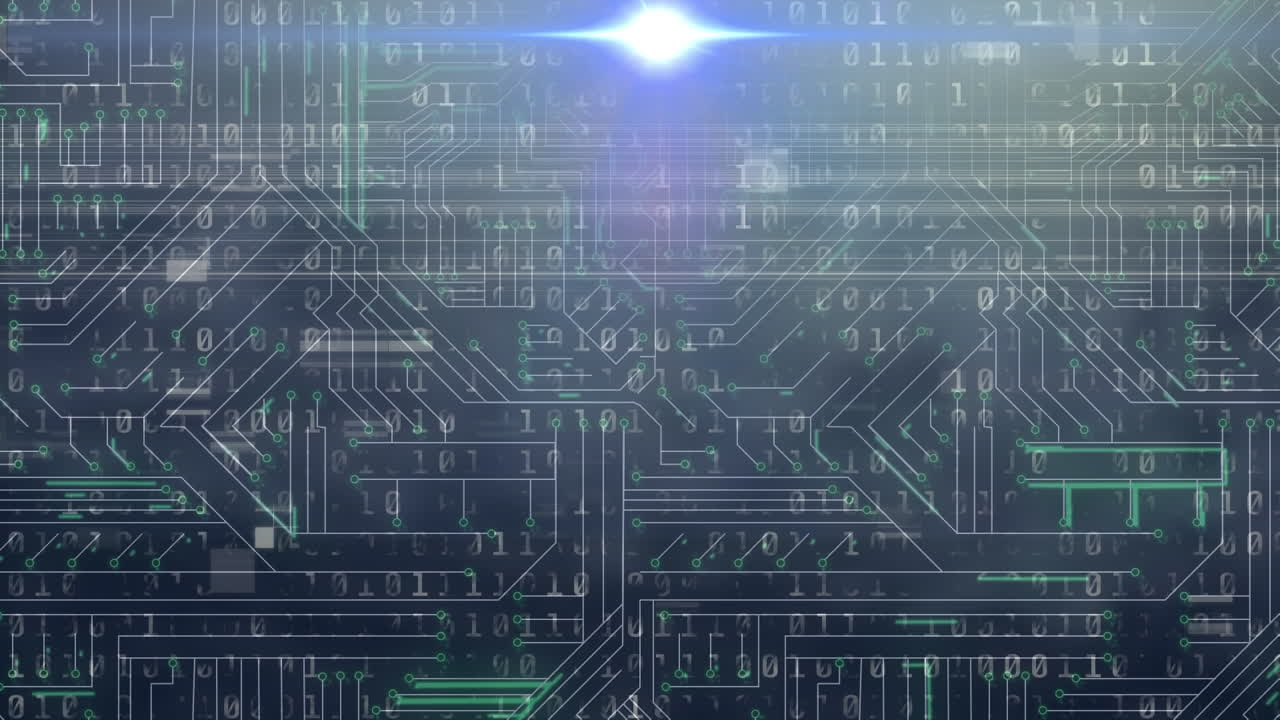 바이너리 코딩의 애니메이션, 빛나는 컴퓨터 회로판에서 데이터 처리