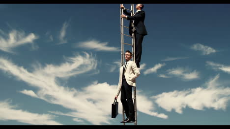 businessmen climbing a ladder in the sky