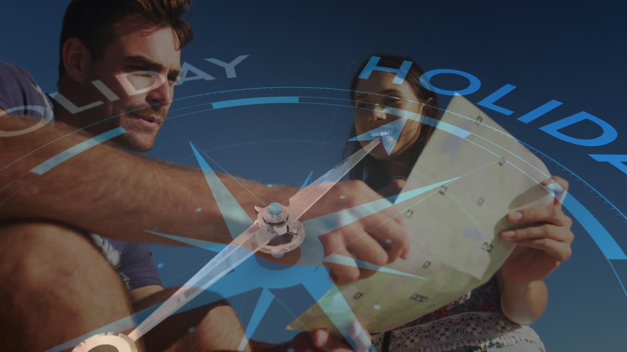 animación de la brújula sobre la pareja caucásica con el mapa