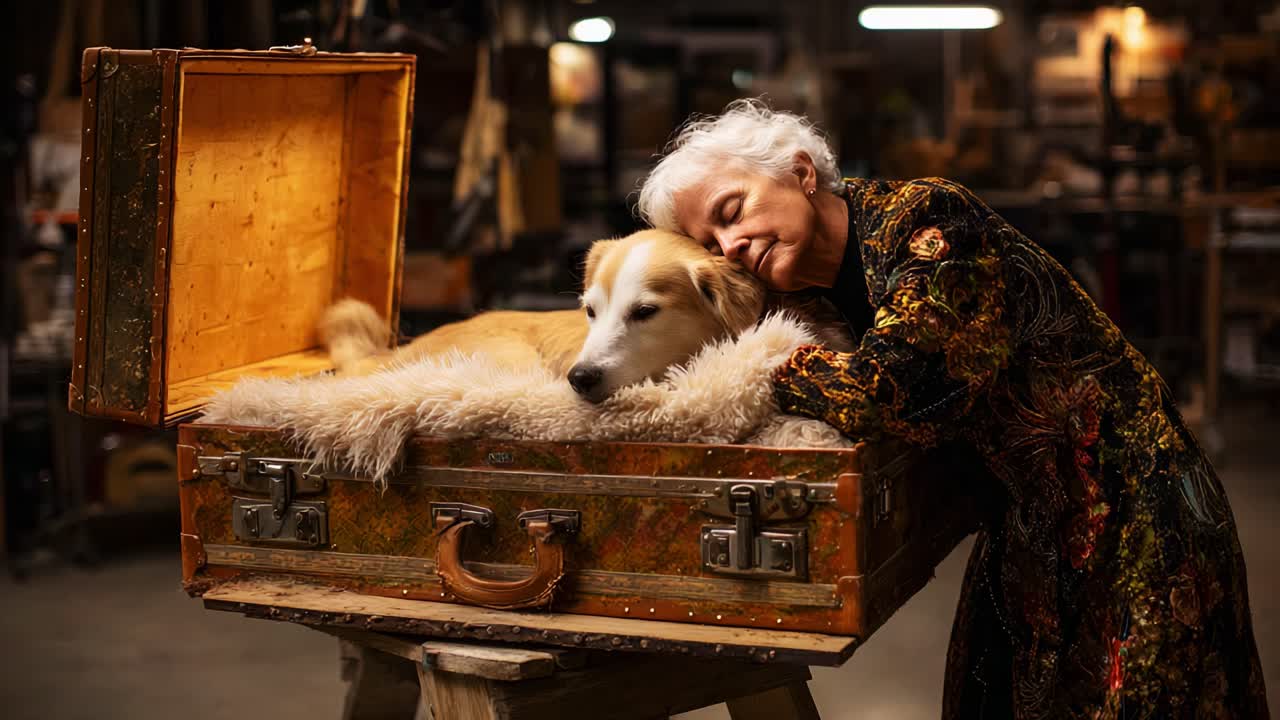 A Heartwarming Moment Between a Woman and Her Dog as They Share a Cozy Experience in an Artistic Workshop Setting, Surrounded by Tools and Warm Lighting