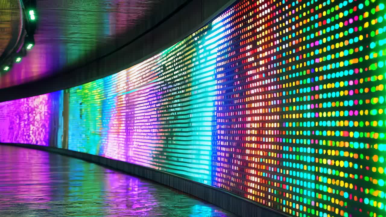 A long wall of colorful lights with a rainbow of colors. The lights are arranged in a way that they look like they are moving. Scene is energetic and lively