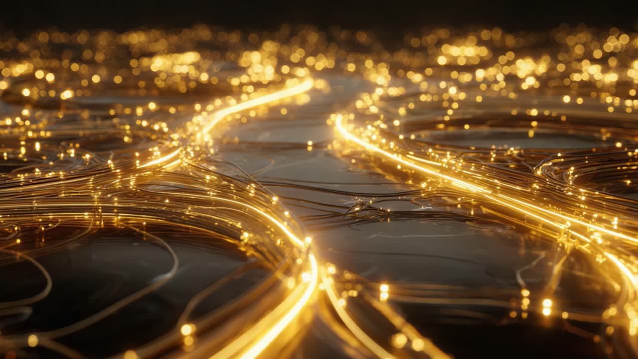 Luminous golden fiber optic cables and light trails moving through a dark, reflective environment, representing the rapid transmission of digital information through a futuristic global network