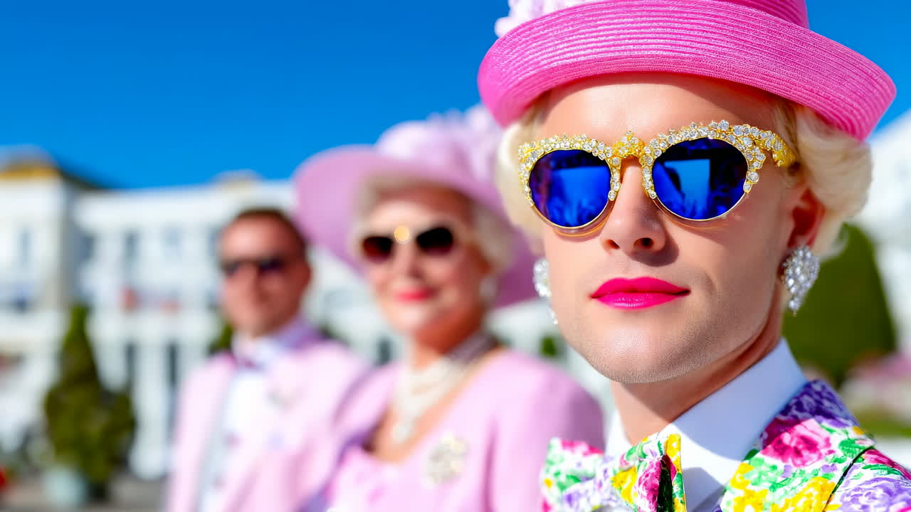 Colorful attendees at spring event. Stylishly dressed individuals in vibrant outfits enjoy a sunny outdoor event, showcasing their unique fashion choices
