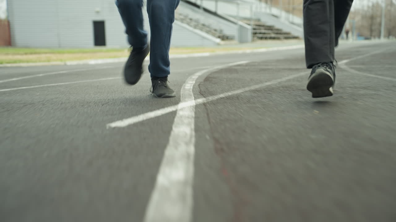 Close up leg view of two people jogging on a track painted white in a stadium as they make a bend with with a white parked vehicle behind them