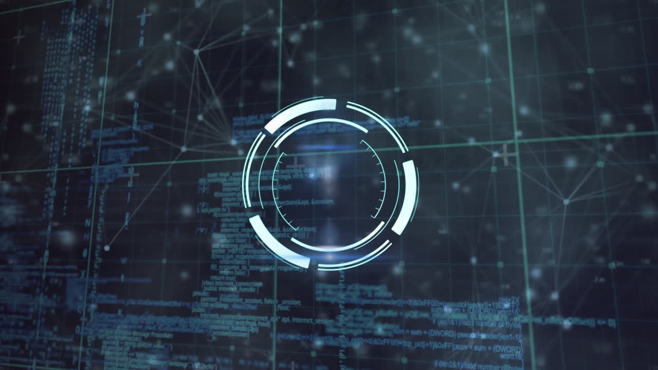 Animation of networks of connections, data processing and scope scanning over black background