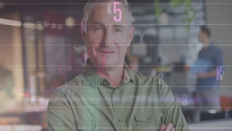 Animation-of-statistical-data-processing,-numbers-over-portrait-of-caucasian-man-smiling-at-office