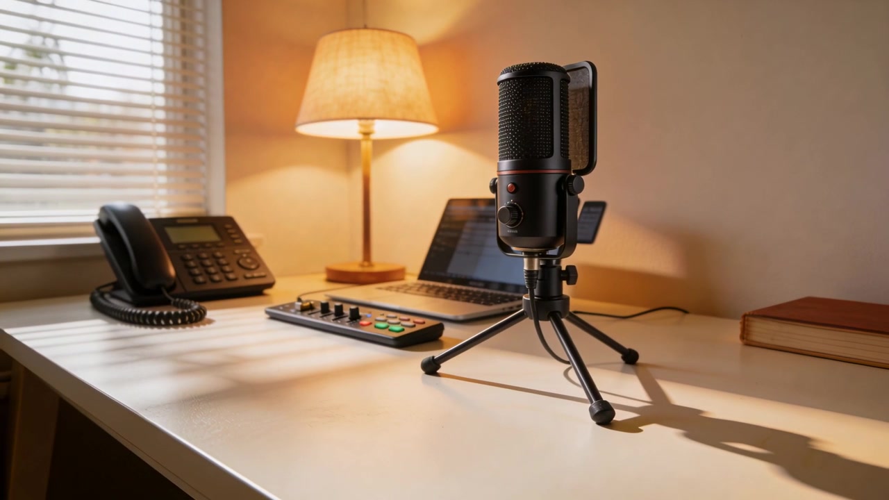 Shifting sunlight causing mic tilting on tripod in home office, changing shadows with laptop, lamp