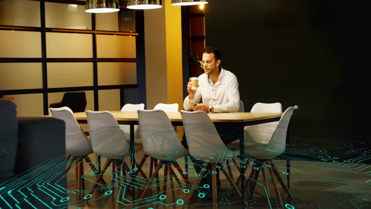 man holding coffee cup and smartphone in office, displaying business tech circuit-board overlay
