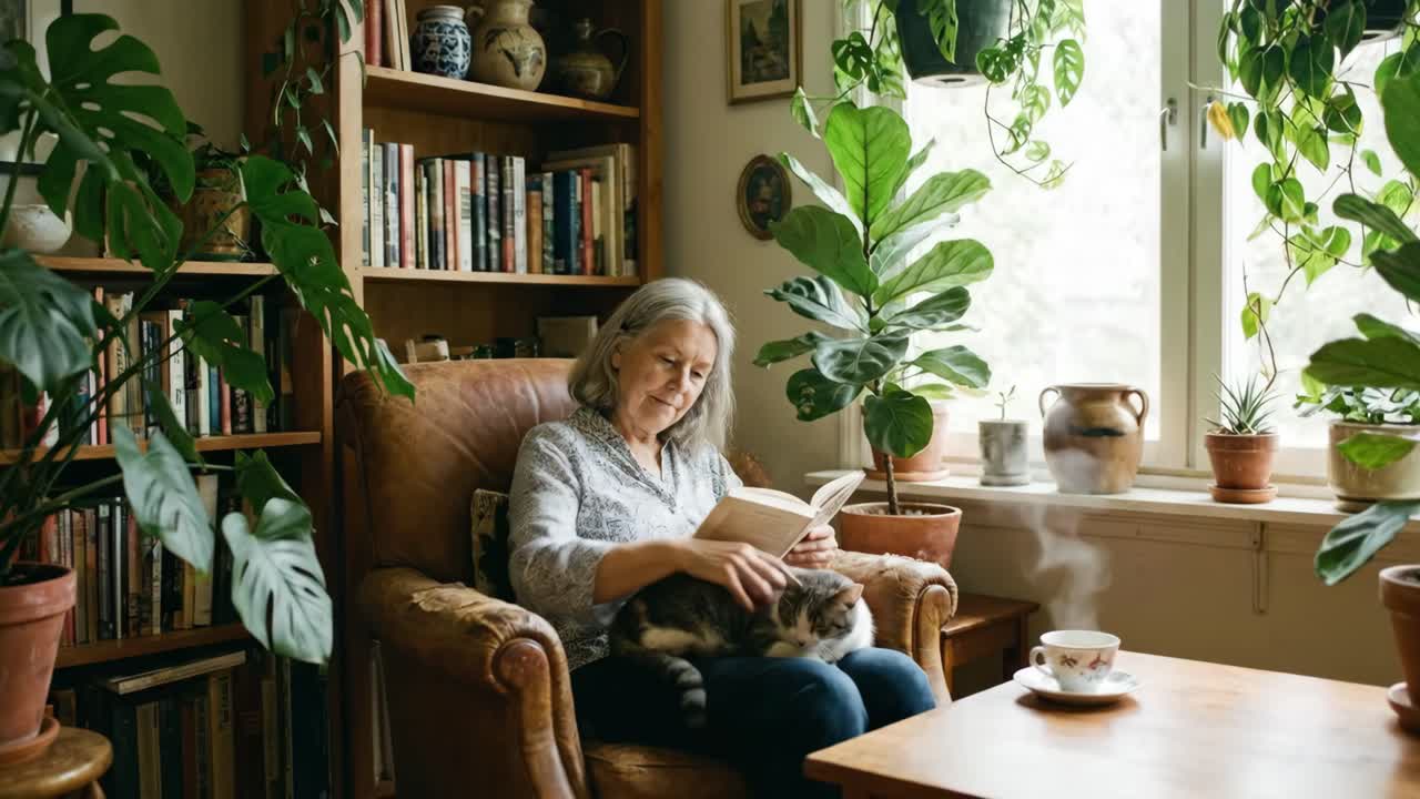 Rahat bir oturma odasında kedisiyle kitap okuyan olgun kadın