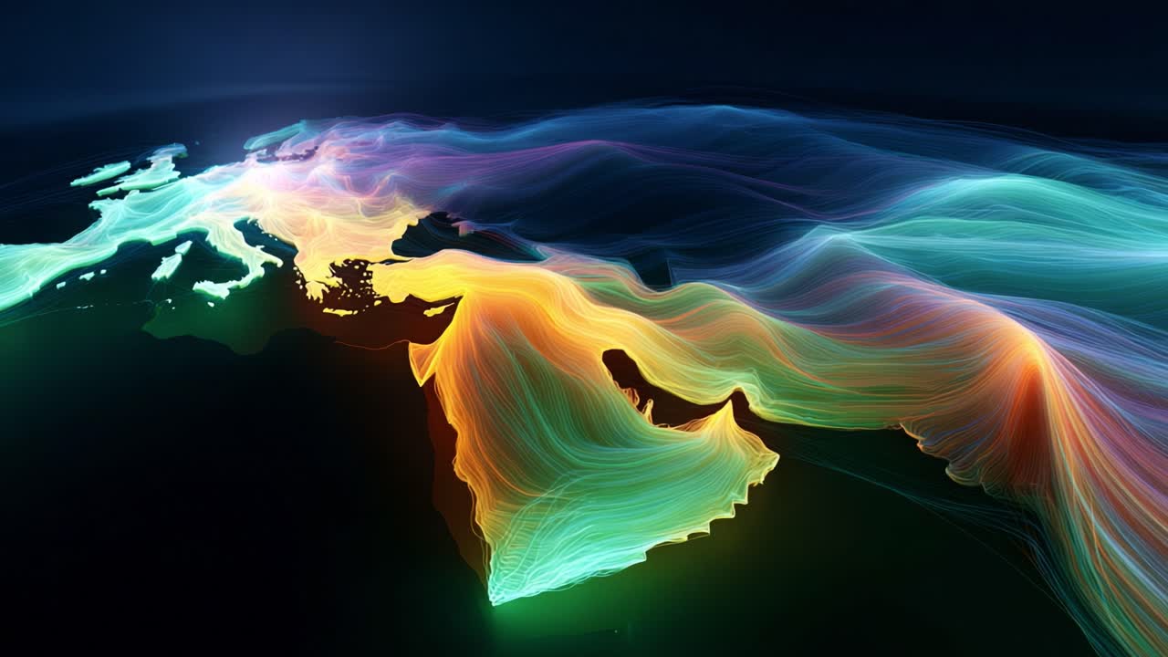 An Animated Visualization of Ocean Currents Across Europe and Asia, Showcasing Colorful Flow Patterns That Illustrate the Movement of Water and Environmental Dynamics
