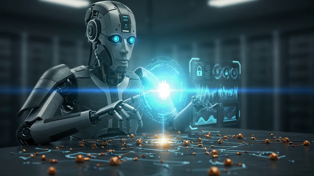 Futuristic Robot Analyzing Cryptocurrency Blockchain Data with Holographic Interface in a High-Tech Environment
