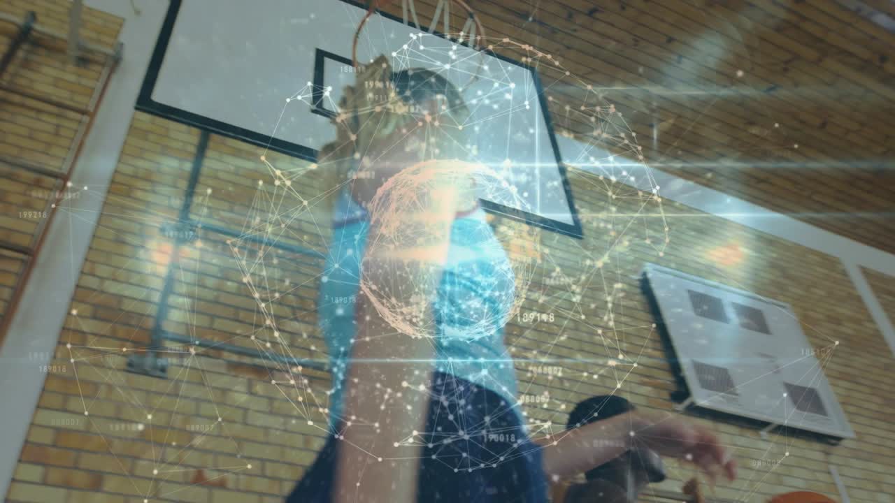 Player driving layup with ball as defender contesting, stealing shooting, holo over rim, sports