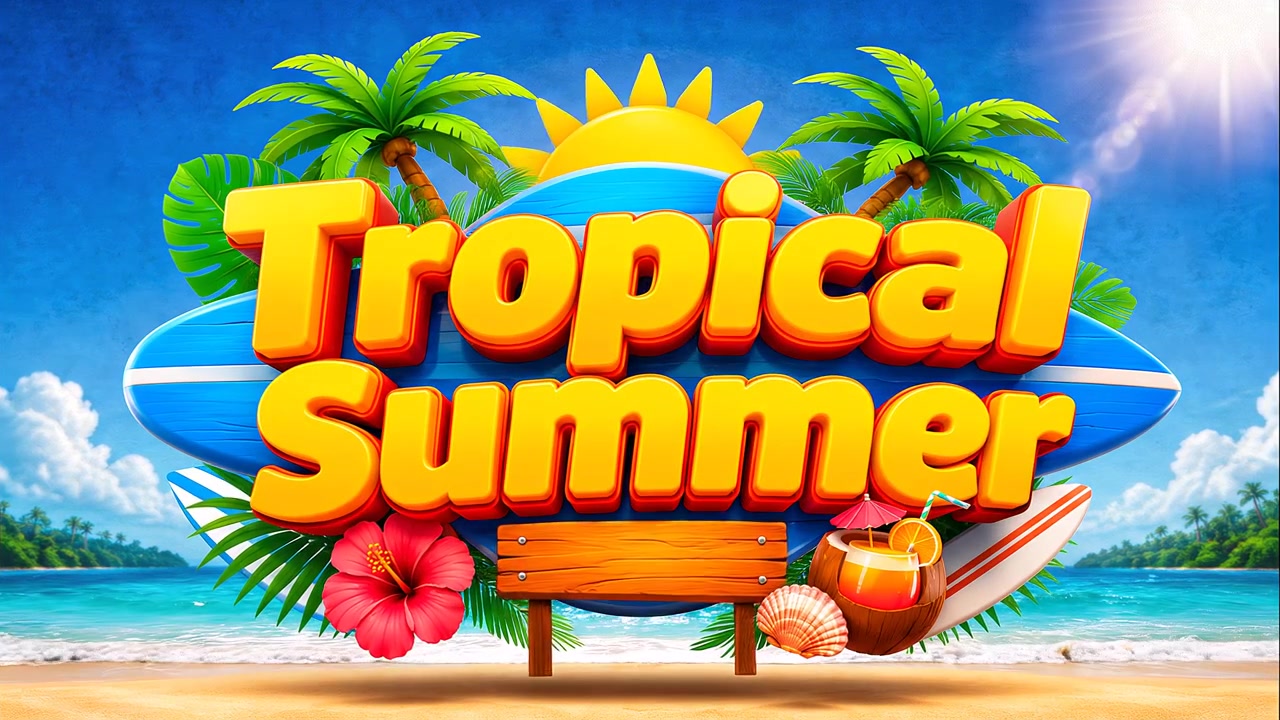 Animazione banner con effetto testo estivo con tavola da surf, palme, conchiglie e illustrazione di un sole splendente sulla spiaggia