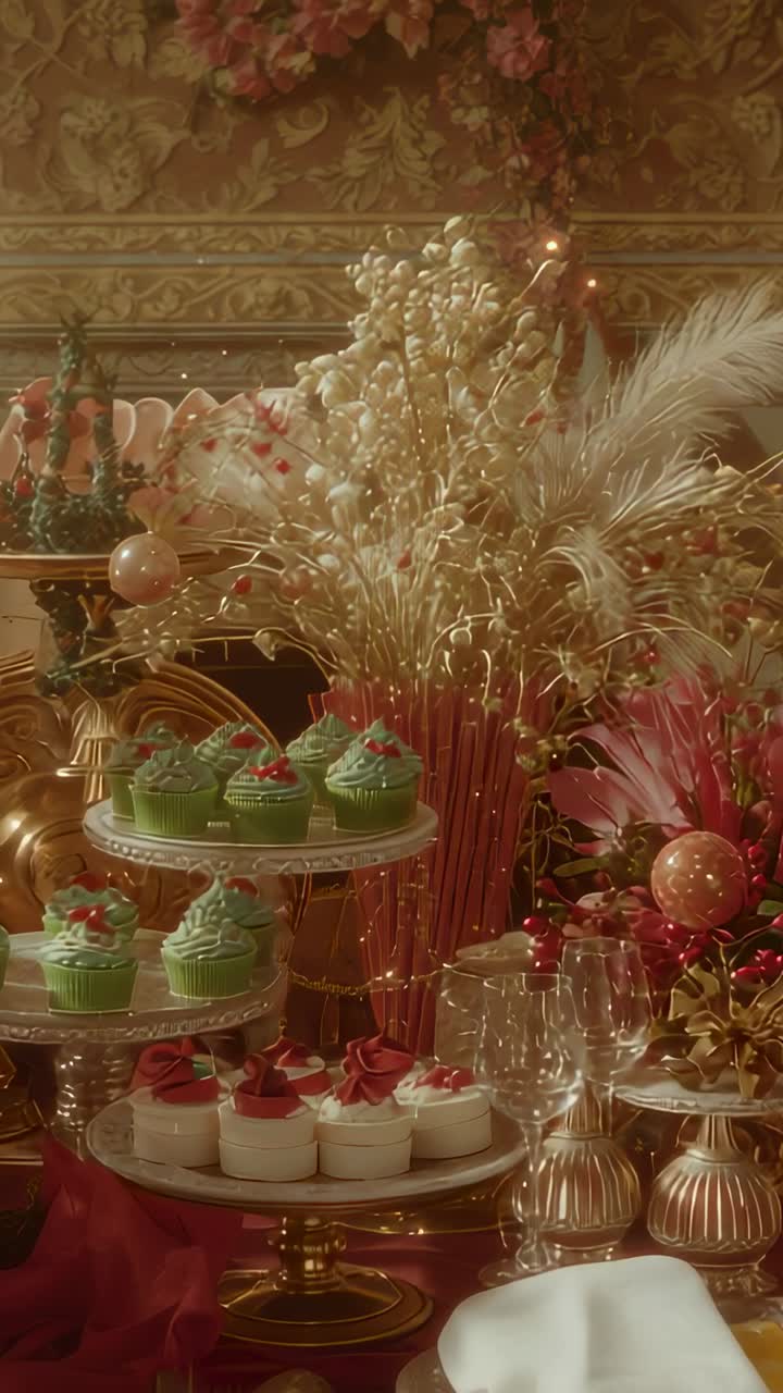 Vertical video: Camera shifting focus and highlighting cake stand at banquet, with cupcakes