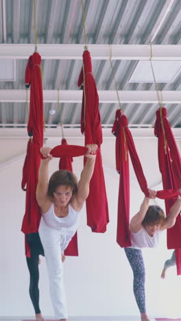 ladies group improves stamina and stands in modern fly yoga warrior asana holding hammocks close view low angle shot