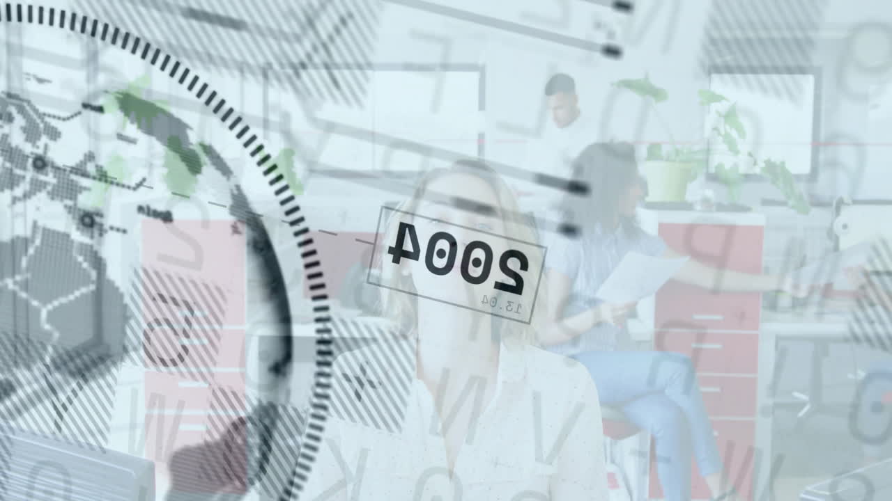 Business people in office with data processing animation overlaying their activities