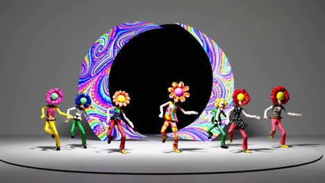 flower-headed dancers on psychedelic stage