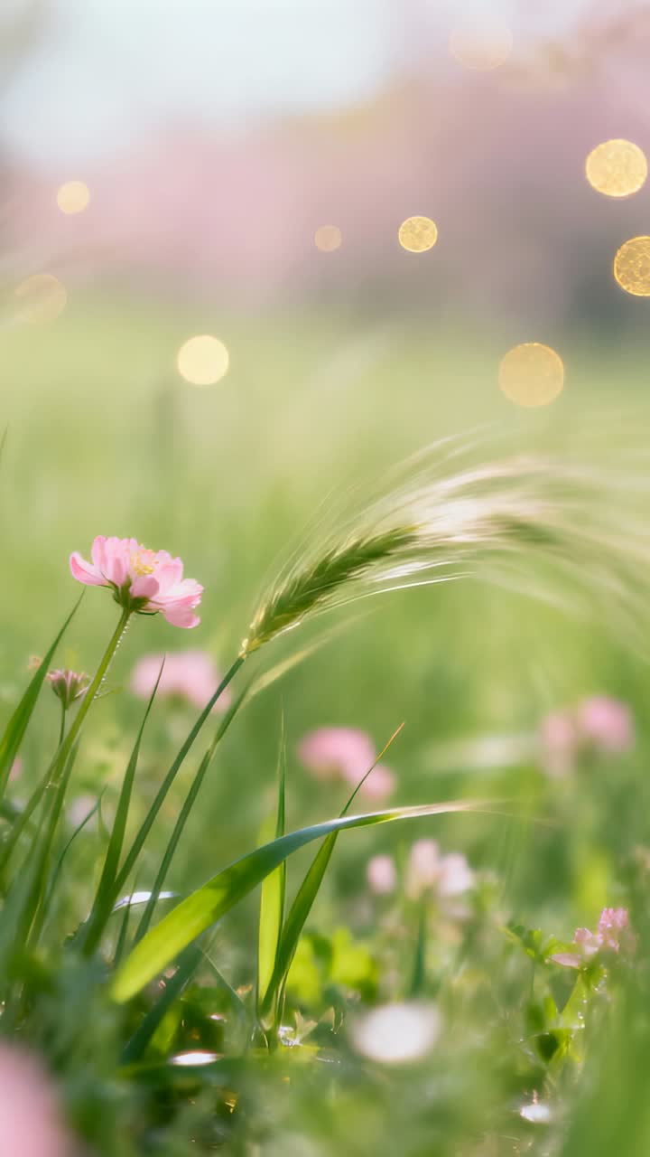 Vertical video: Swaying feathery awn and pink clover bending in meadow, breeze nudging bokeh
