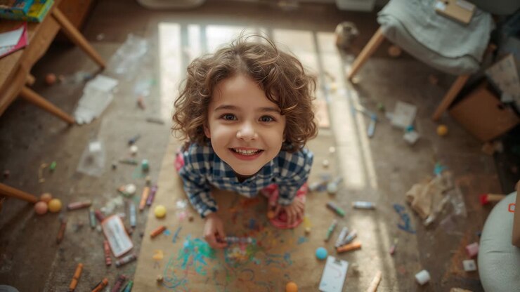 Bambino in età prescolare con camicia a quadri blu che sorride e disegna sulla lavagna con dei pastelli, accorgendosi che la camera è sopra la sua testa