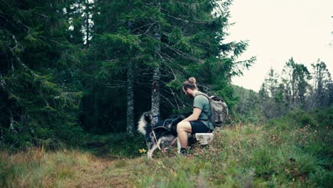 european backpacker sitting and resting on rock with alaskan malamute dog in indre fosen, norway