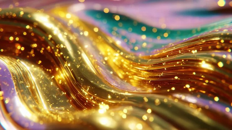 Onde accattivanti di oro scintillante e vortici colorati: un'esperienza visiva immersiva di texture luccicanti e motivi ipnotici catturati con dettagli straordinari