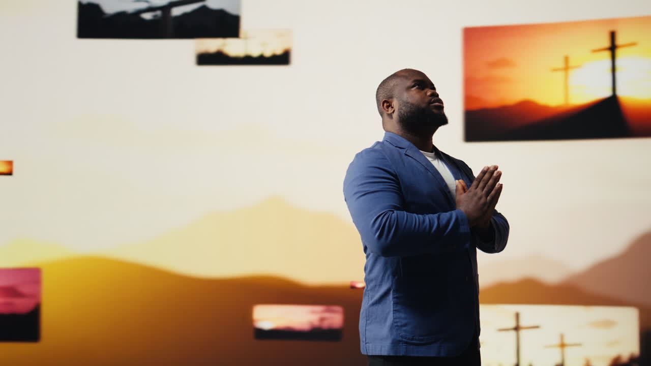 Spiritual believer meditates on faith and holiness in a pose of worship