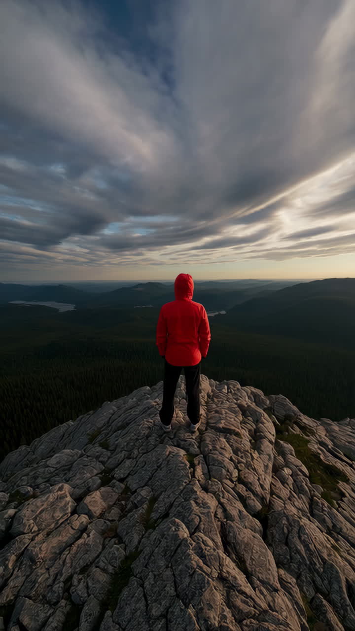 un excursionista en la cima de una montaña al atardecer