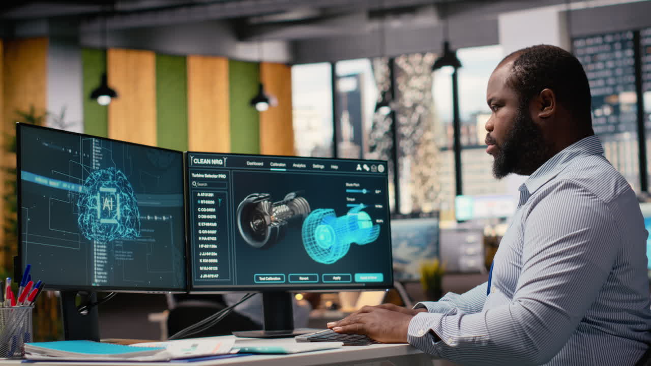 Engineer In Office Working On Wind Turbine Component Cad Design