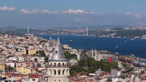 galata tower, istanbul, turkey - aerial boom shot reveals bosphorus strait