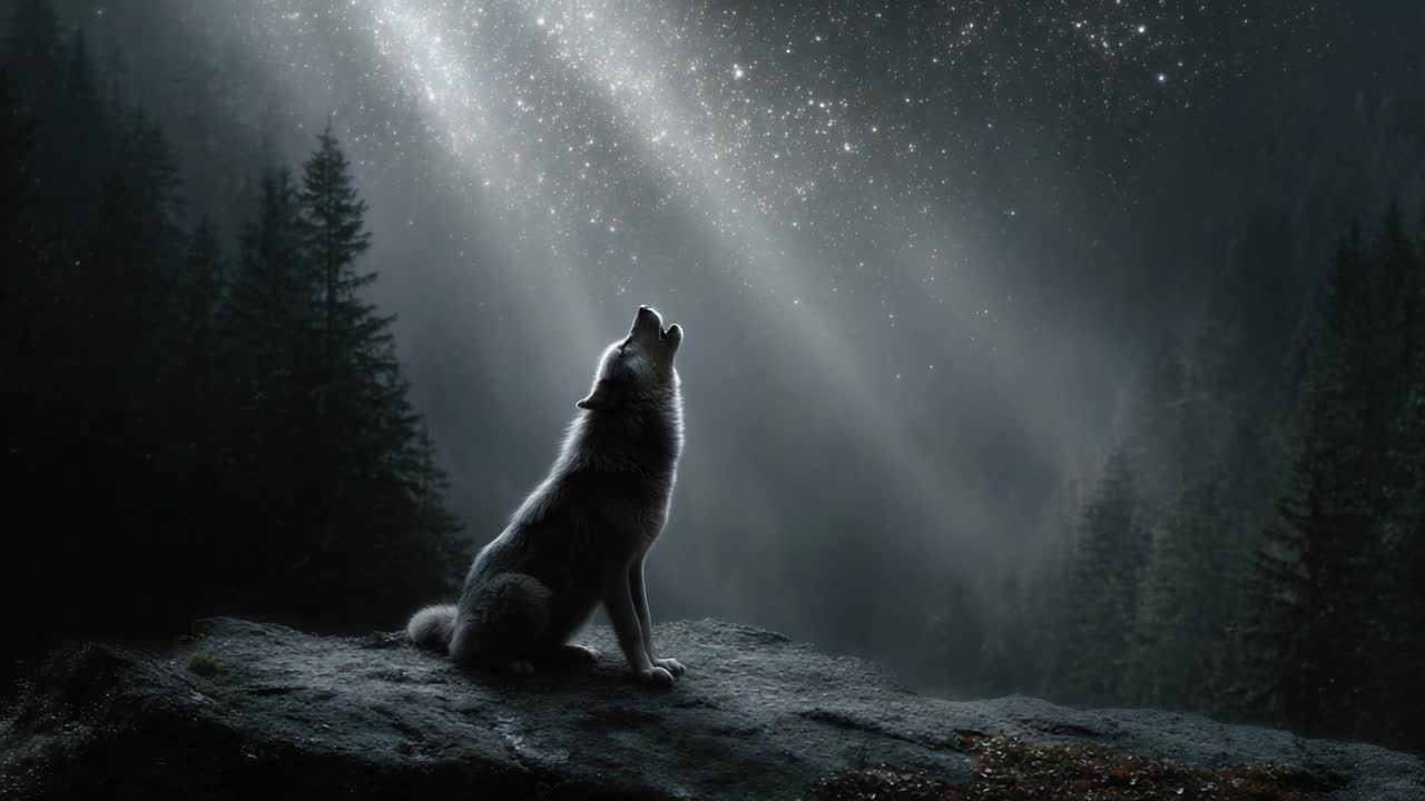 A lone wolf howls at the shimmering stars in a dark forest, capturing a moment of wild beauty and solitude beneath the cosmic light