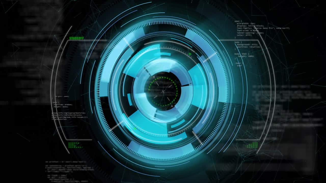 Central HUD interface displaying glowing concentric circles and rotating segmented bars over code