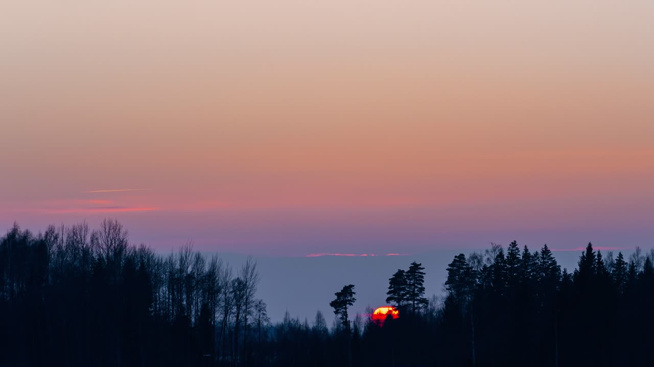 Golden sunset timelapse in countryside with large sun disc setting behind forest and cloudy horizon. Dramatic forest silhouette with vibrant sunset.