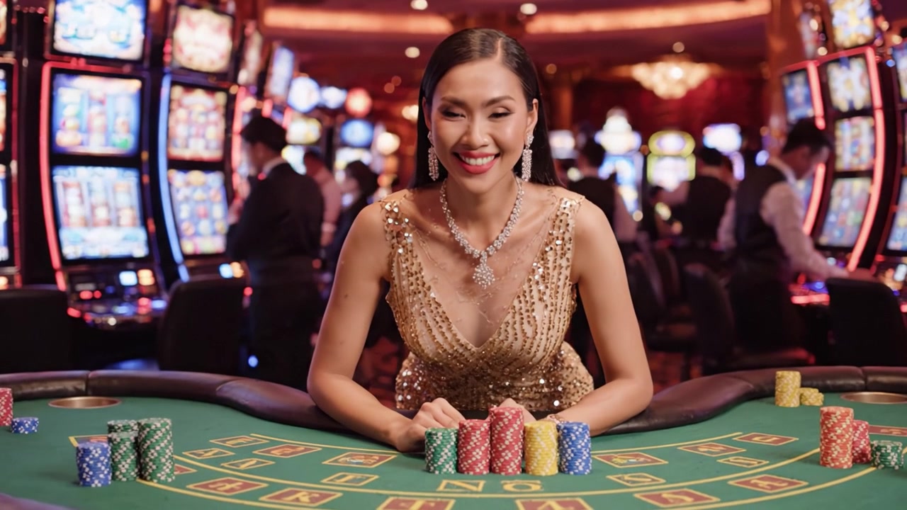Ambiente elegante de casino con una glamurosa crupier femenina en una vibrante mesa de juego rodeada de fichas de colores y máquinas tragamonedas.