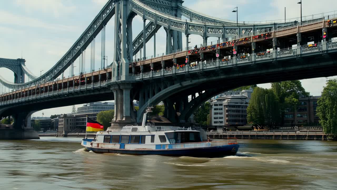 Petit bateau à moteur passant sous un pont en arc d’acier au-dessus d’une rivière, panoramique de la caméra, drapeau allemand flottant au vent