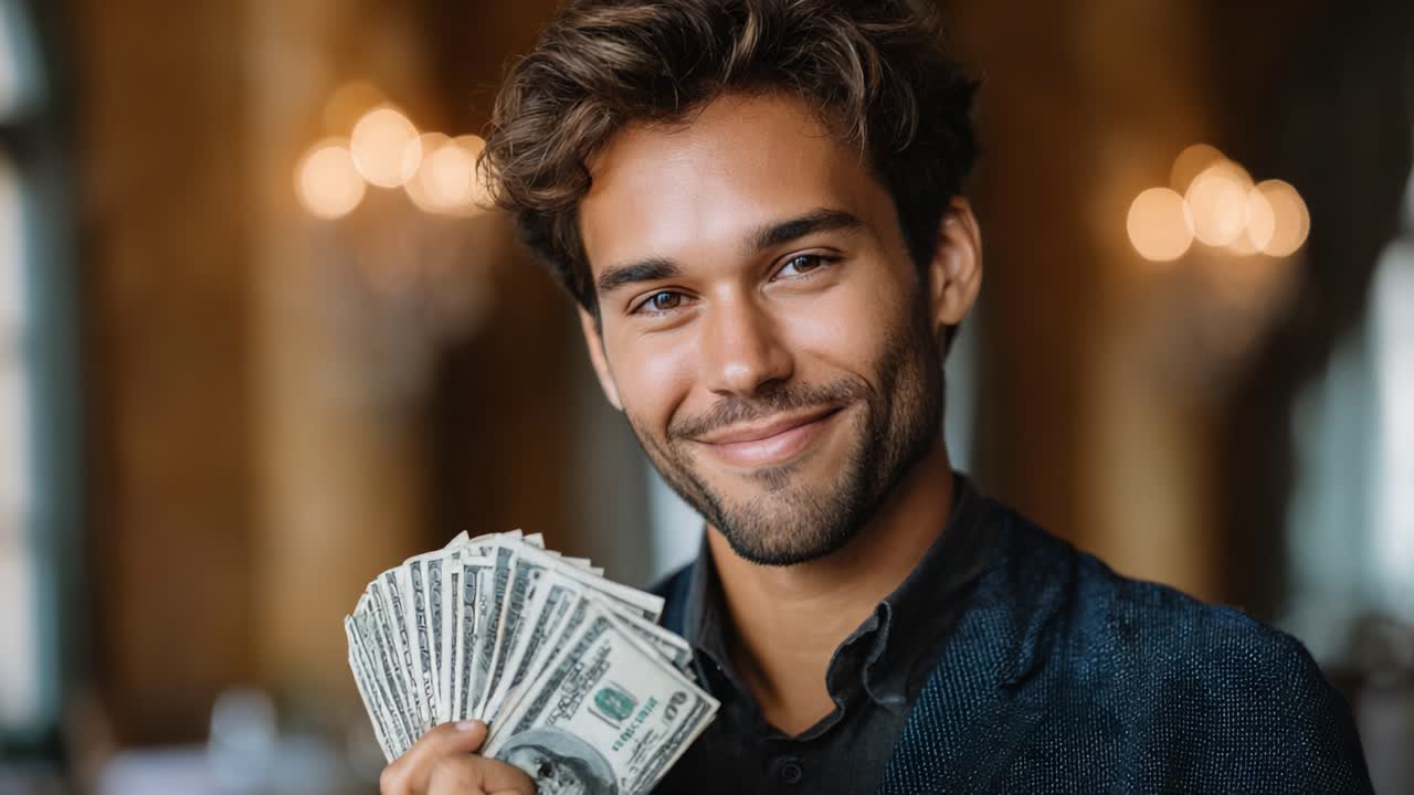 Giovane uomo sicuro di sé che tiene in mano dei contanti in un ambiente elegante, sorridente ed emanante successo con diverse banconote in un ambiente lussuoso, che mostra prosperità e gioia