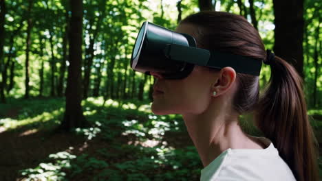 woman experiencing virtual reality in a lush forest
