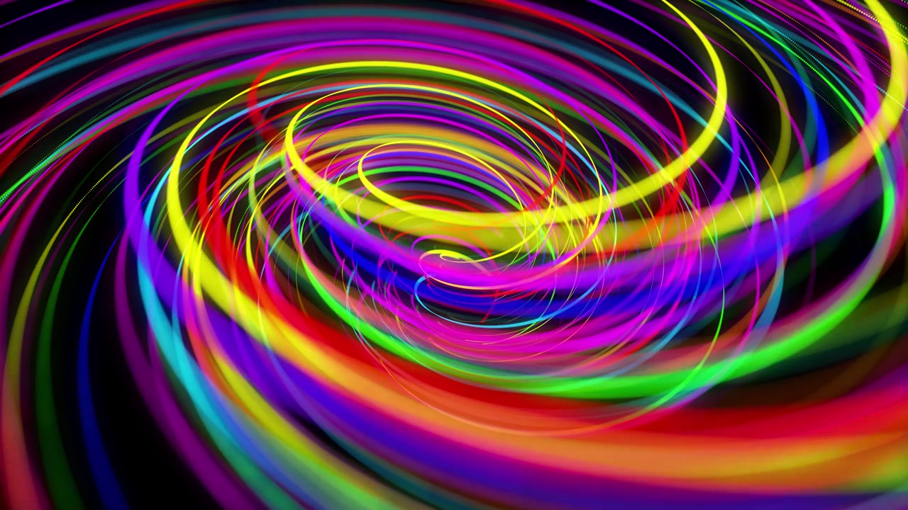 Elegante sfondo astratto creativo in 4K. Linee colorate che si avvolgono a spirale volano lungo un percorso sinuoso. Sfondo di motion design di particelle che formano linee, eliche e strutture astratte. Render 3D.