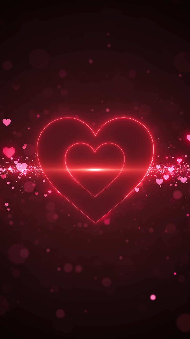 Animazione d'amore luminosa con grandi cuori al neon fluttuanti, scintille bokeh rosa e rosse e una calda profondità sognante