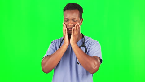 Headache,-black-man-and-doctor-in-green-screen