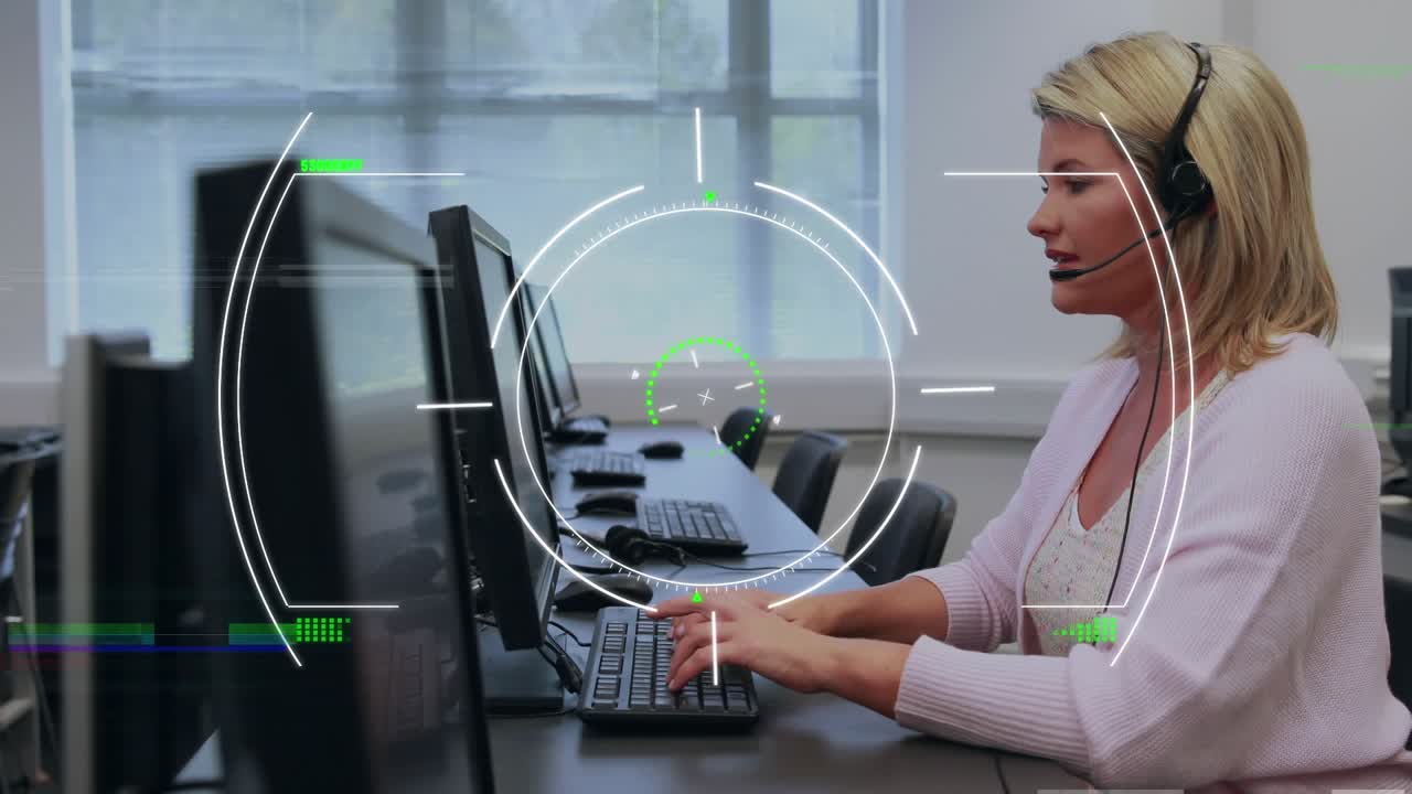 Animation of data proessing over caucasian businesswoman in office