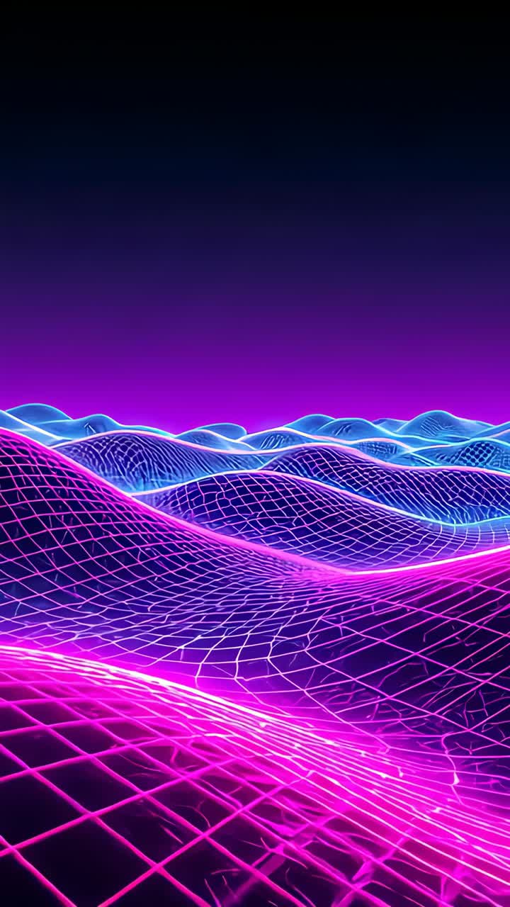 Vertical video: Cam push starting magenta mesh rolling onward under violet sky, cyan hills to loop