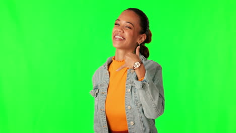 Call-me,-young-woman-and-happy-on-a-green-screen